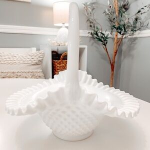 Vintage Fenton Hobnail Milk Glass Ruffled Bride’s Basket